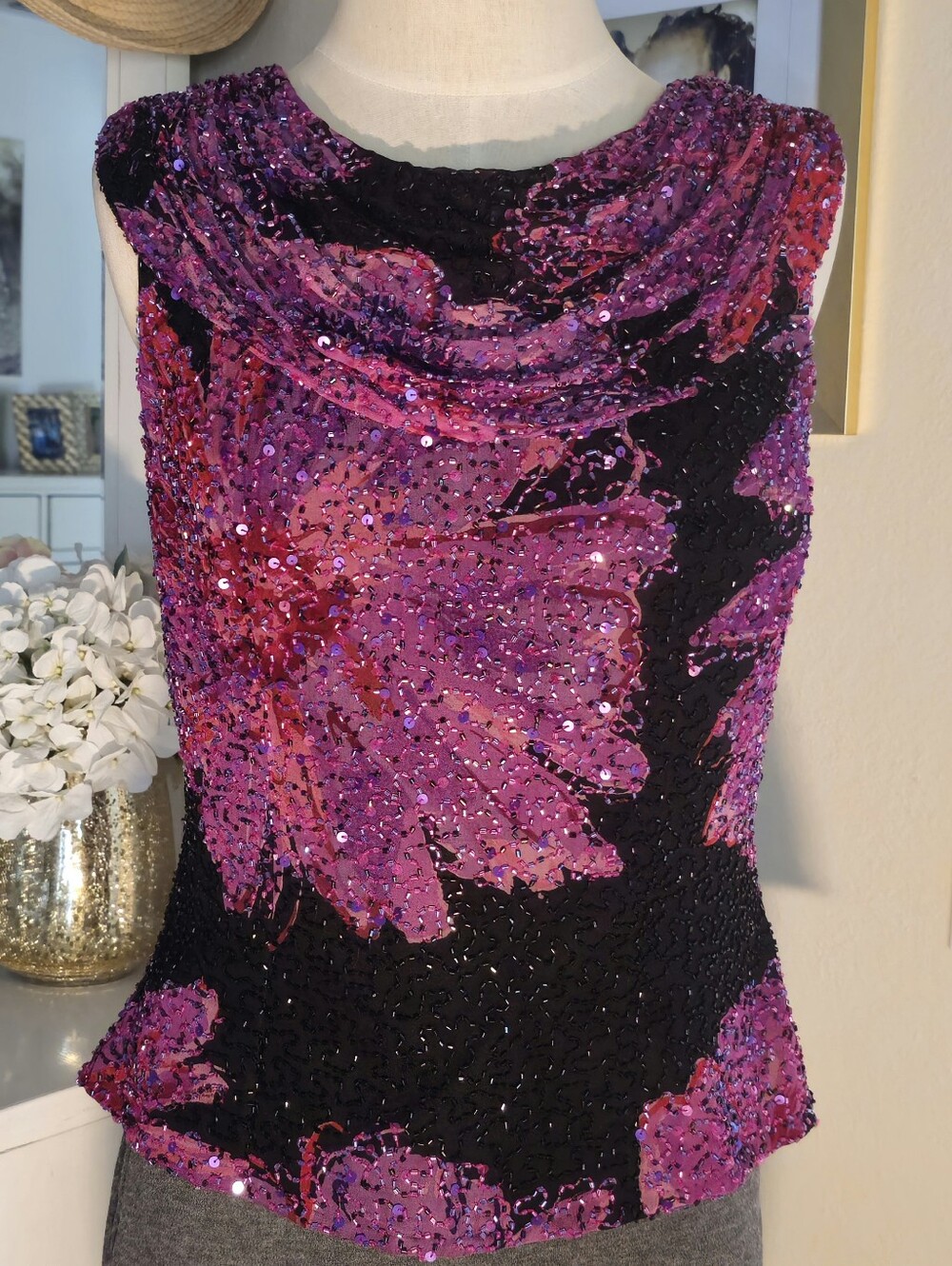 Cache Sequin Pure SILK Floral Cowl Neck Camisole - Black & Fuchsia Sz. M EUC